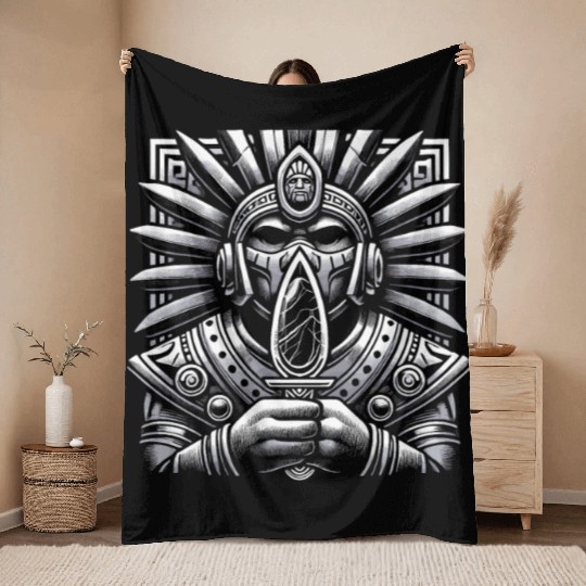 Aztec Warrior Mask with Tribal Art and Ancient Throw Blankets