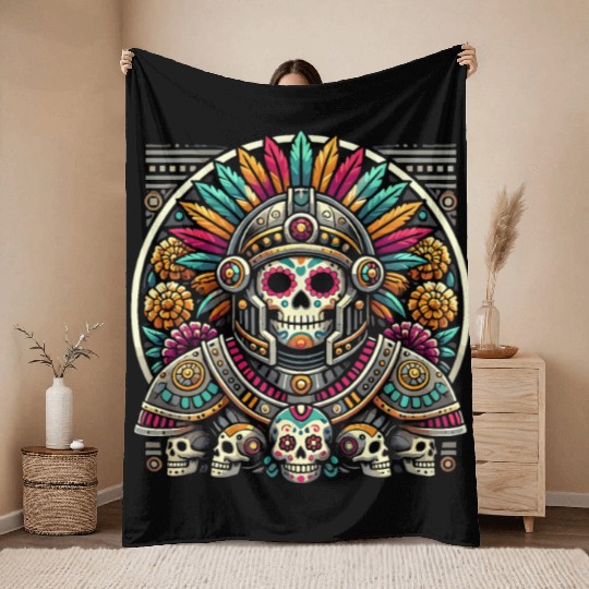 Aztec Warrior Mask with Tribal Art and Ancient Throw Blankets
