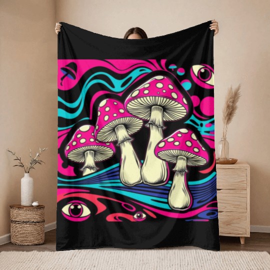 Psychedelic Shrooms: Neon Fungi Fantasy Throw Blankets