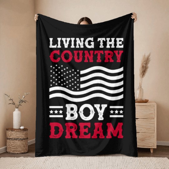 Small Town Us Flag Country Livin Boy Throw Blankets