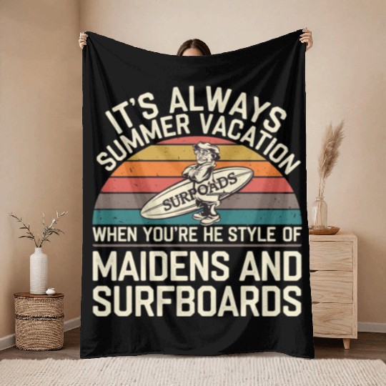 Maidens and Surfboards Vintage Summer Design Throw Blankets