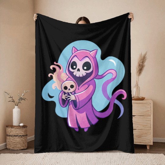 skeletal figure, violet pink robe, lavender puppy Throw Blankets