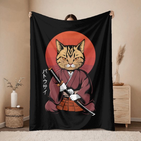 Neko Battousai Samurai Cat Classic Throw Blankets