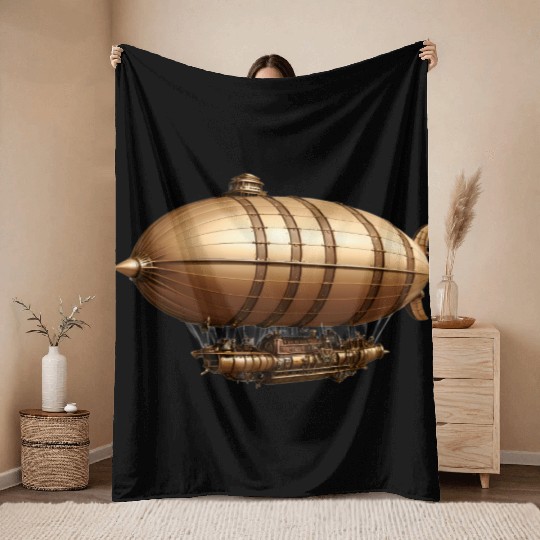 A large steampunk-style airship with bronze metal Throw Blankets