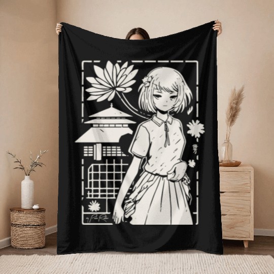 Japan: Sakura Girl Cartoon Throw Blankets