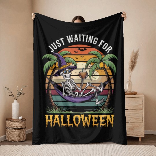 Skeleton Just wating for Halloween Throw Blankets