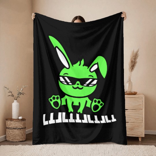 Funny Rabbit Easter Bunny Playing Keyboard Music Throw Blankets