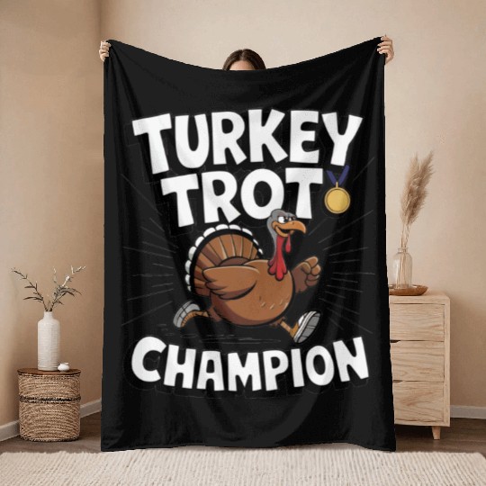 Funny Turkey Trot Running Thanksgiving Champion Throw Blankets