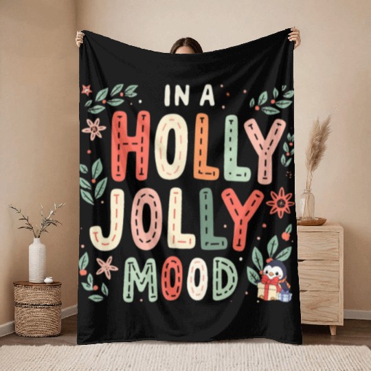 Holly Jolly Mood Throw Blankets