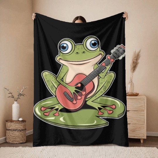 Frog Playing Guitar On Lily Pad Throw Blankets