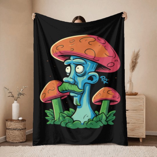 Mushroom Moustache Man – Trippy Fungi Art Throw Blankets