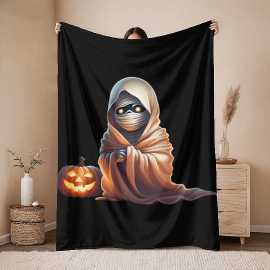 Little Mummy Sitting with Pumpkin Throw Blankets