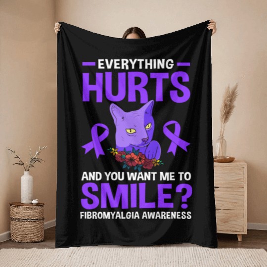 Everything Hurts Cat Purple Ribbon Fibro Awareness Throw Blankets