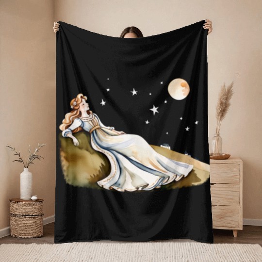 Watercolor Cottagecore Rolling Hills at Night Throw Blankets