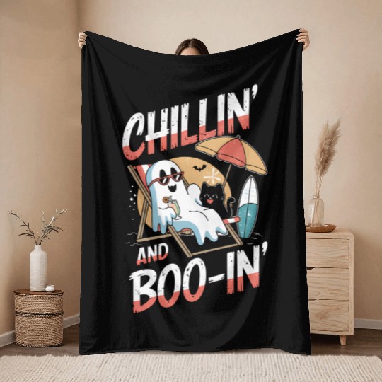 Halloween Ghost and Cat Relaxing Beach Vacation Throw Blankets