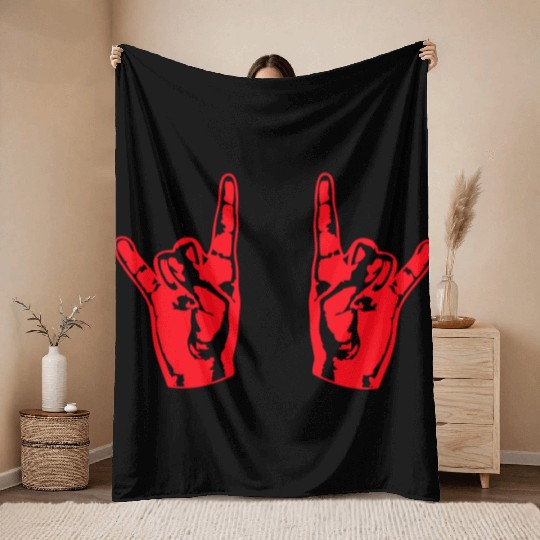 Two heavy metal hard rock horn finger hand gesture Throw Blankets