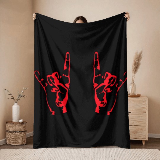 Two heavy metal hard rock horn finger hand gesture Throw Blankets