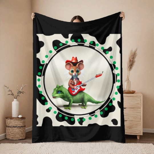 Mouse on Lizard Playing Guitar Throw Blankets