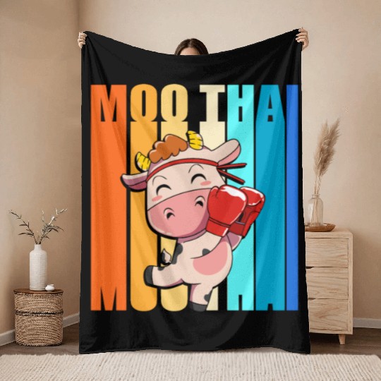 Retro 80s Martial Arts Cow Moo Thai Muay Thai Throw Blankets