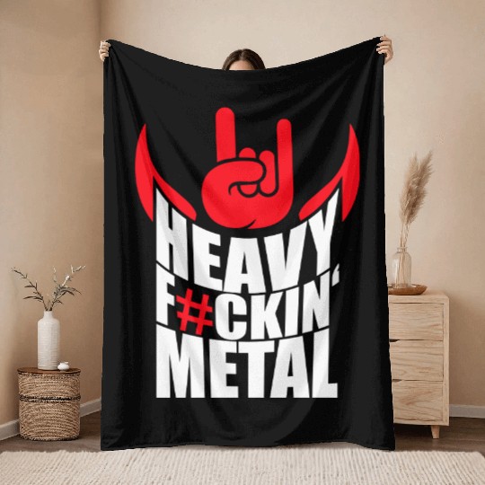 Heavy F#ckin' Metal Hard Rock Fun Music Text Quote Throw Blankets