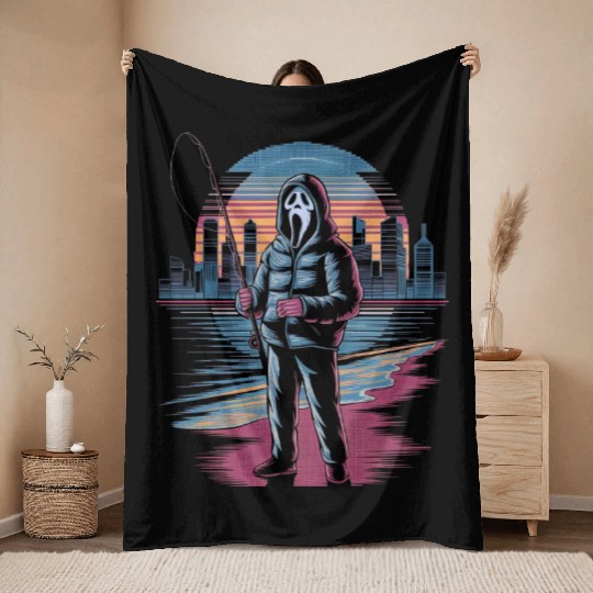 Horror City Skyline Vaporwave Art Halloween Throw Blankets
