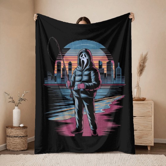 Horror City Skyline Vaporwave Art Halloween Throw Blankets