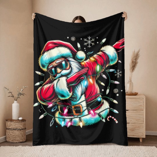 Dabbing Santa with Christmas Lights and Snowflakes Throw Blankets