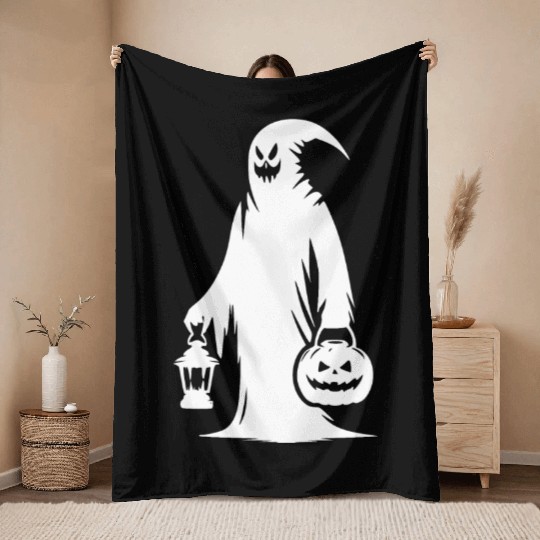 Scary Funny Ghost Mask With Pumpkin Lantern Throw Blankets