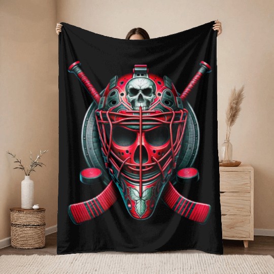 Red Skull Hockey Goalie Throw Blankets