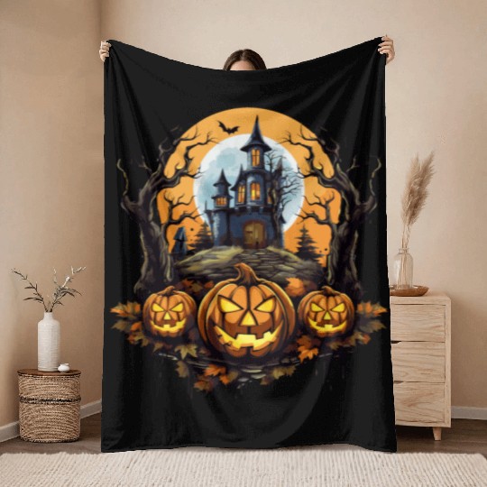 Spooky Haunted House Halloween Witches Pumpkin Throw Blankets