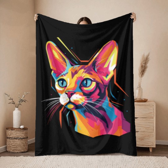Cat Watercolor Colorful Abyssinian Cat Throw Blankets