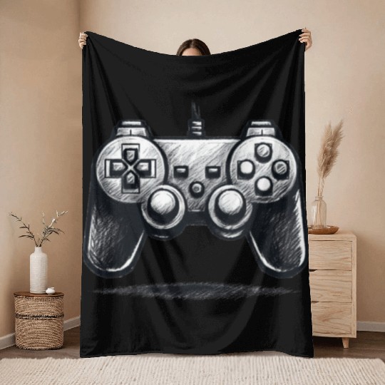 Gamer Controller Cartoon Charcoal Gaming Art Throw Blankets