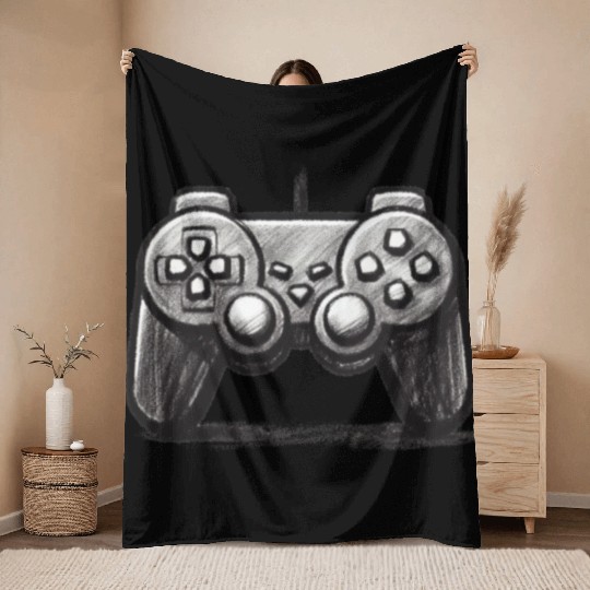 Gamer Controller Cartoon Charcoal Gaming Art 3 Throw Blankets
