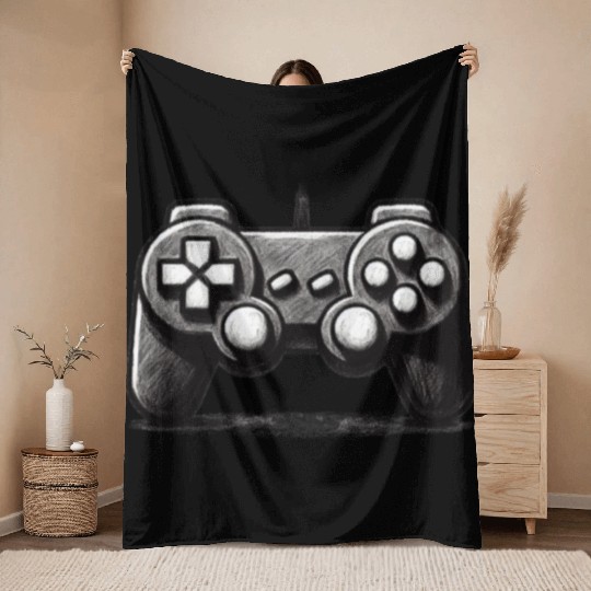 Gamer Controller Cartoon Charcoal Gaming Art 1 Throw Blankets