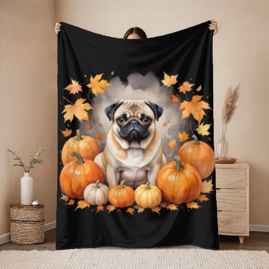 Pug Pumpkin Thanksgiving Fall Halloween Dog Lover Throw Blankets