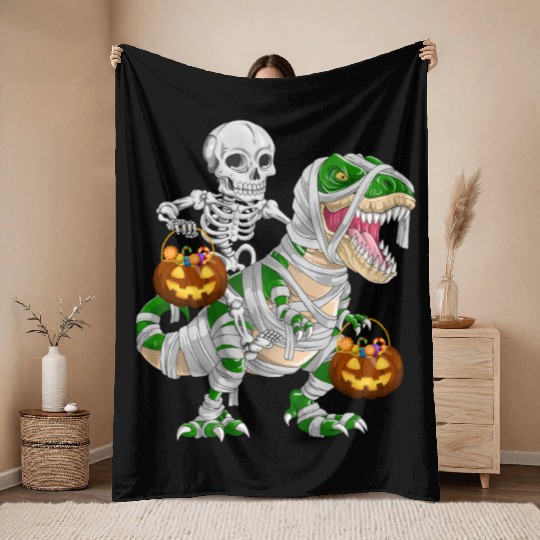 Skeleton Riding Mummy Dinosaur T rex Halloween Throw Blankets