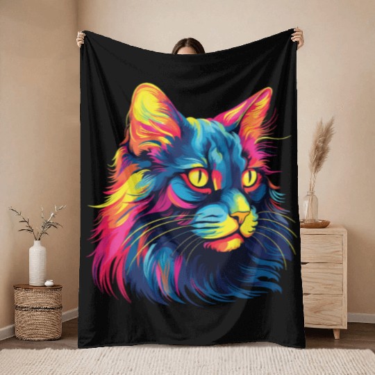 Cat Watercolor Colorful Maine Cat Throw Blankets