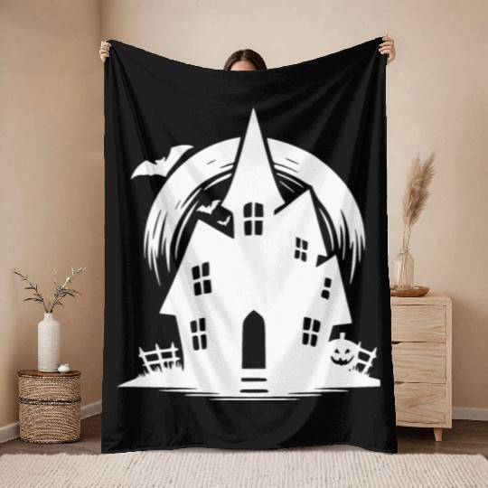 Bat Full Moon Haunted House Halloween Tattoo Throw Blankets