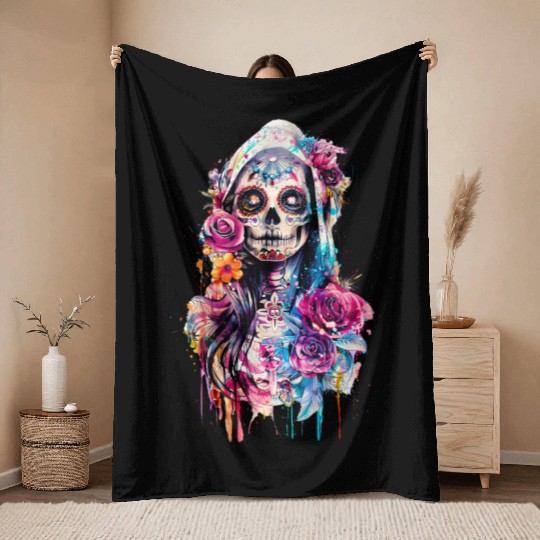 Santa Muerte Saint Mexican Folklore Dead Skull Throw Blankets