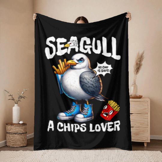Seagull The Potato Chips Lover Funny Sea Bird Throw Blankets