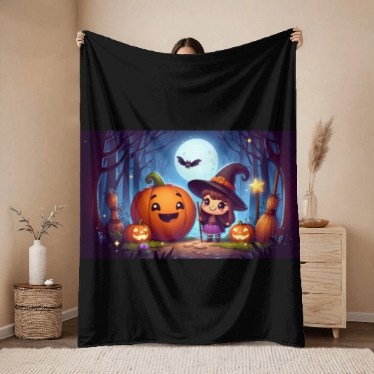 Halloween Witch and Jack-o'-Lantern Scene Throw Blankets