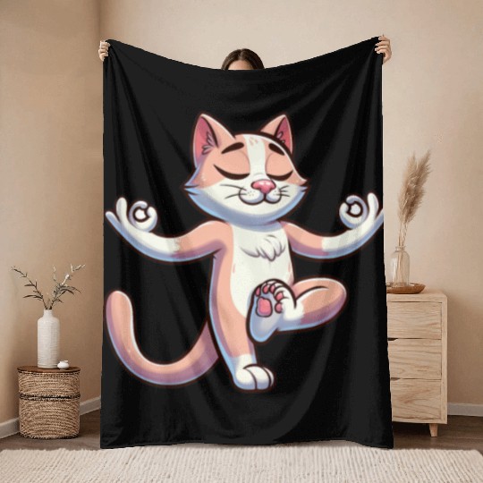Cat Yoga Meditation Meditating Balancing Training Throw Blankets