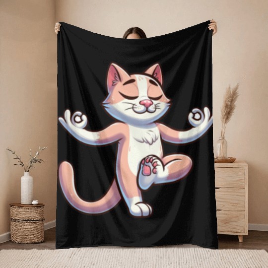 Cat Yoga Meditation Meditating Balancing Training Throw Blankets