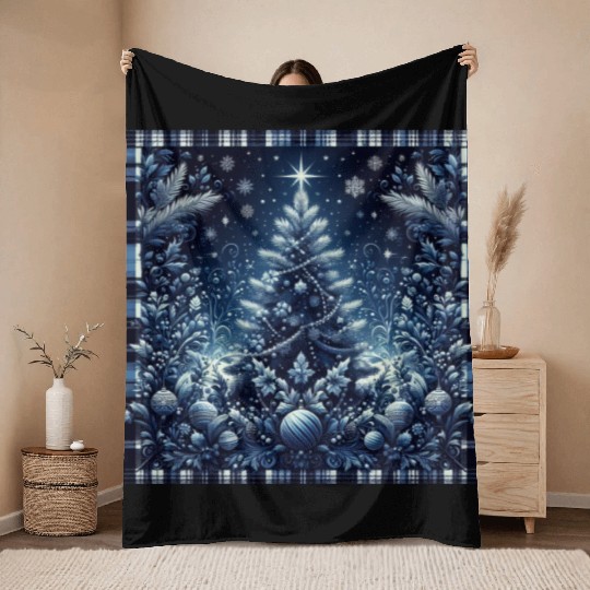 flannel blue and white christmas Throw Blankets