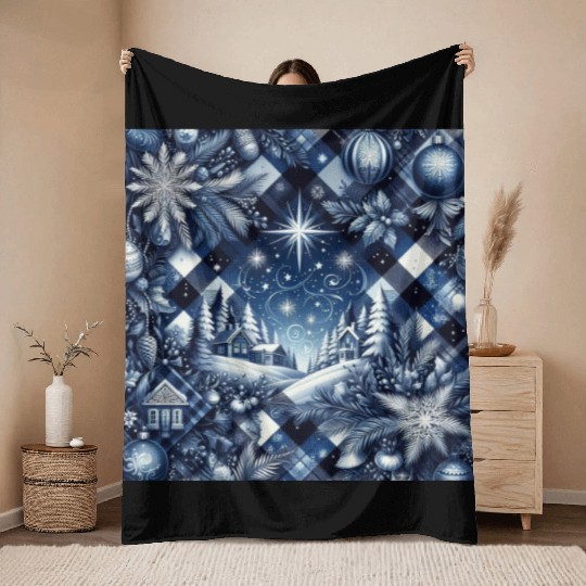 flannel blue and white christmas Throw Blankets