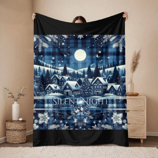 flannel silent night blue and white christmas Throw Blankets