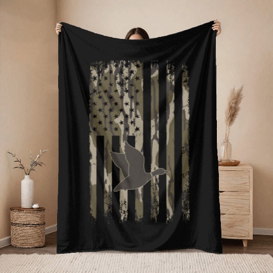 Bottomland Camo Duck Hunting American Flag USA Throw Blankets