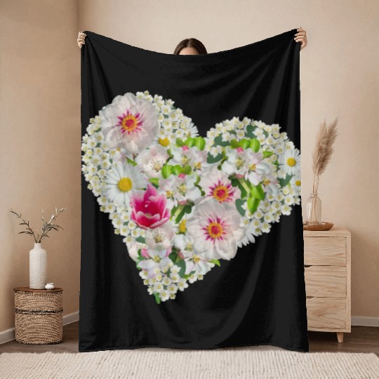 heart of flowers blossoms daisy tulip pink peony Throw Blankets