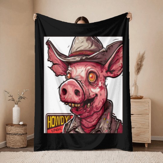 hillbilly redneck zombie cowboy pig Throw Blankets