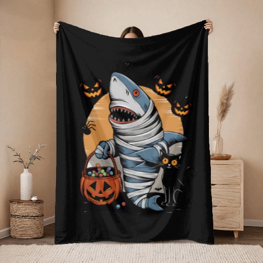 Spooky Shark Mummy and Black Cat Trick-or-Treat Throw Blankets